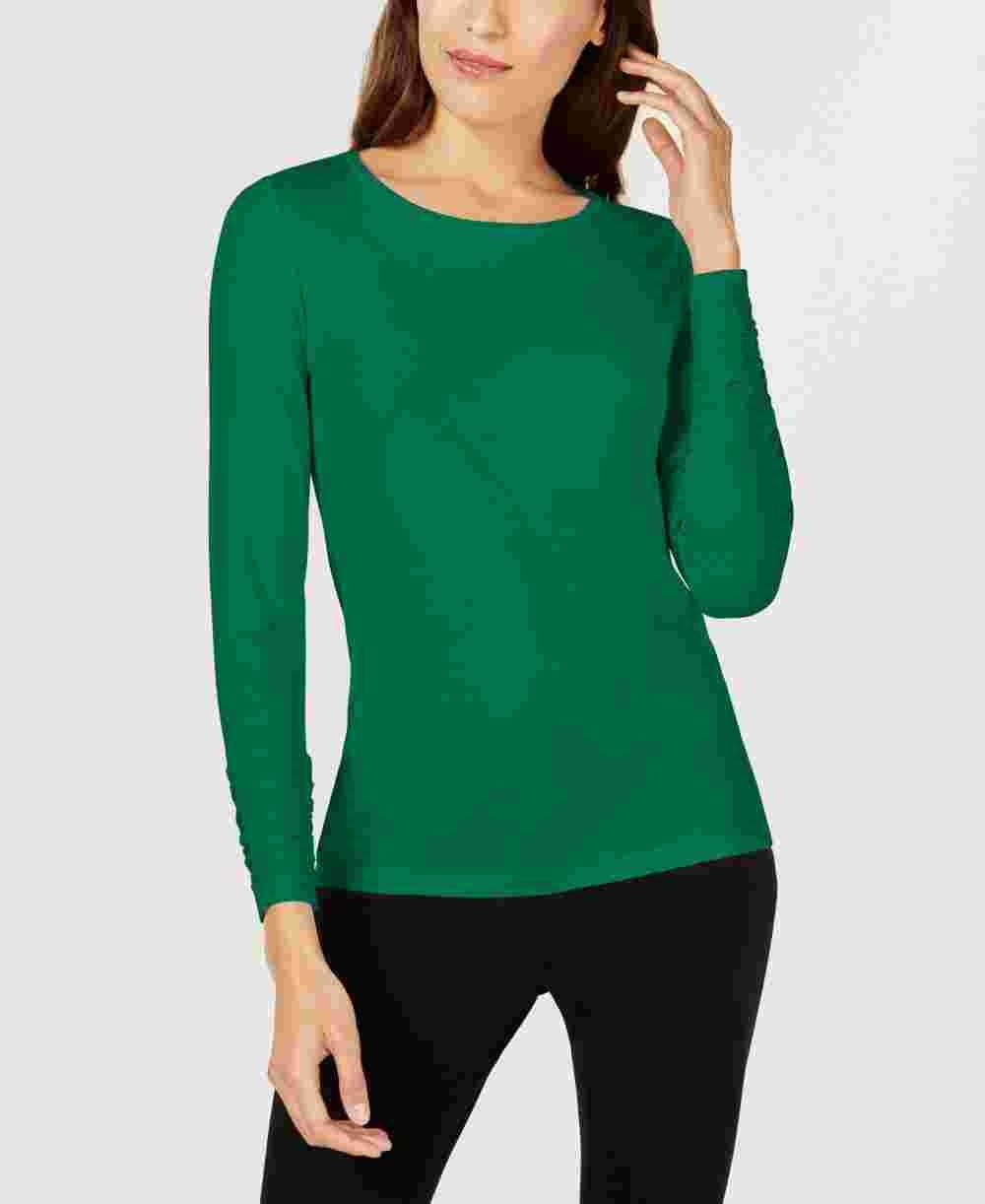 Alfani Women's Ruched Sleeve Pullover Blouse Green Size Large