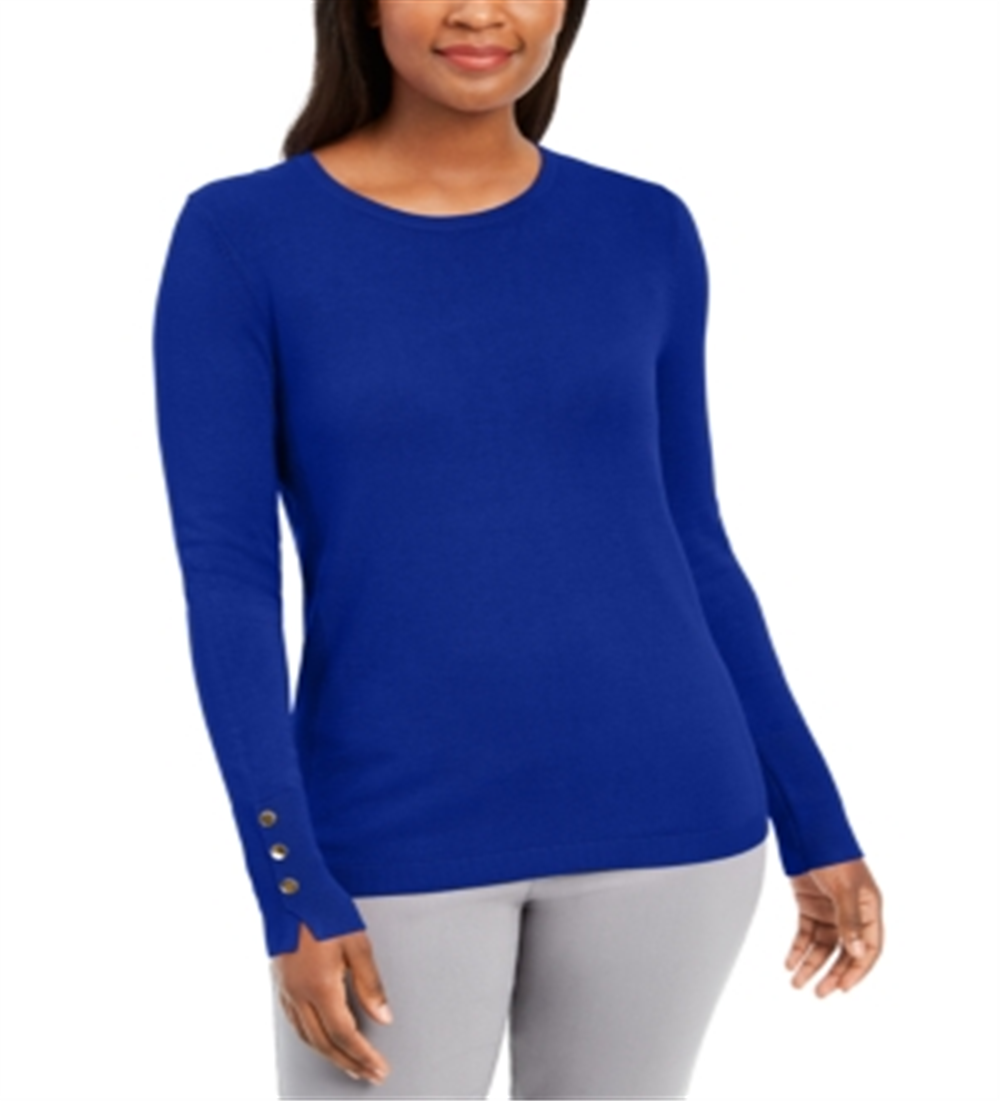 JM Collection Women's Button Cuff Crewneck Sweater Blue Size -Petite L