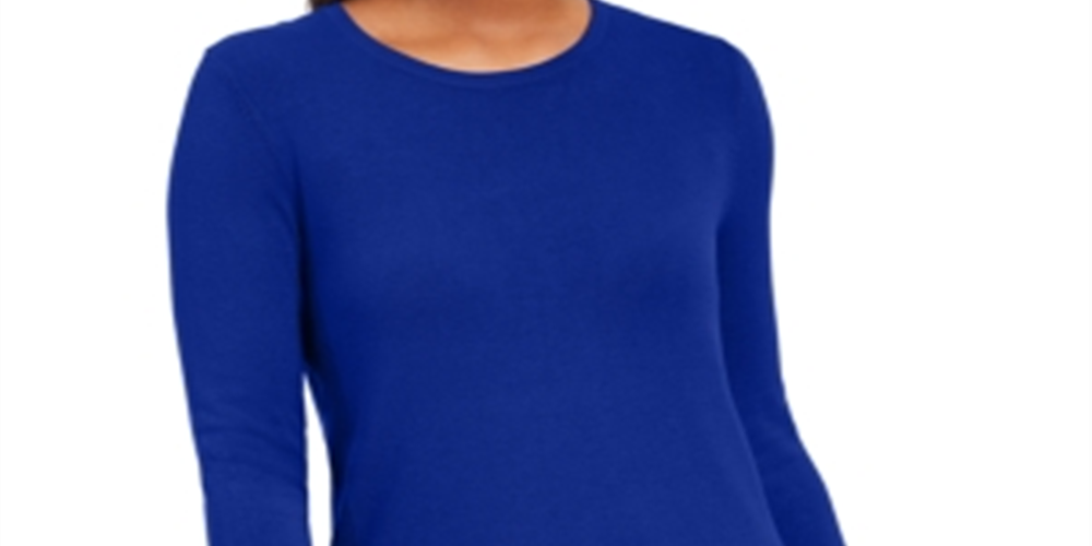 JM Collection Women's Button Cuff Crewneck Sweater Blue Size -Petite L