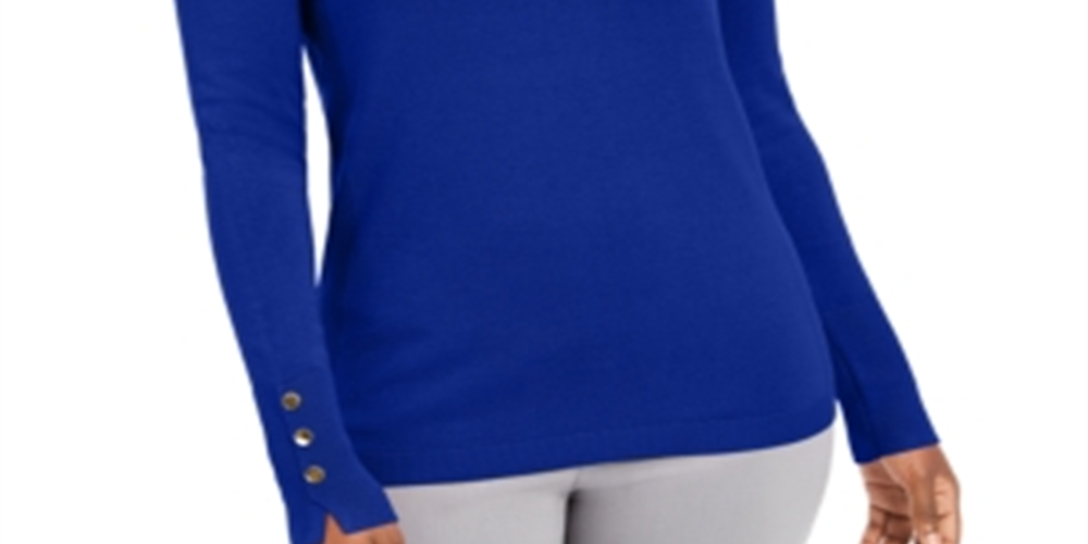 JM Collection Women's Button Cuff Crewneck Sweater Blue Size -Petite L