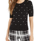 Maison Jules Women's Embroidered Polka Dot 3/4 Sleeve Jewel Neck Sweater Black Size Large