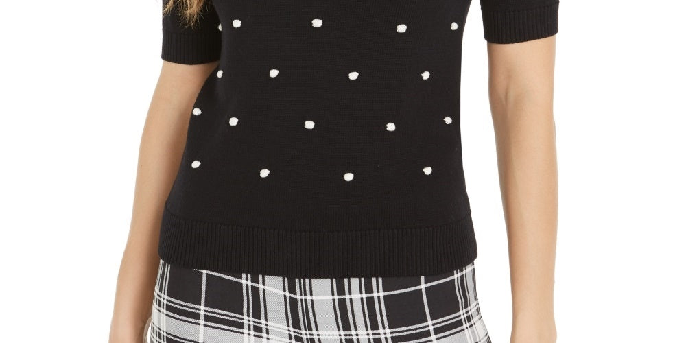 Maison Jules Women's Embroidered Polka Dot 3/4 Sleeve Jewel Neck Sweater Black Size Large