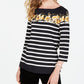 Charter Club Women's Stretch Button detail Floral 3/4 Sleeve Boat Neck Top Black Size Petite X-Large
