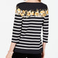 Charter Club Women's Stretch Button detail Floral 3/4 Sleeve Boat Neck Top Black Size Petite X-Large