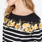 Charter Club Women's Stretch Button detail Floral 3/4 Sleeve Boat Neck Top Black Size Petite X-Large