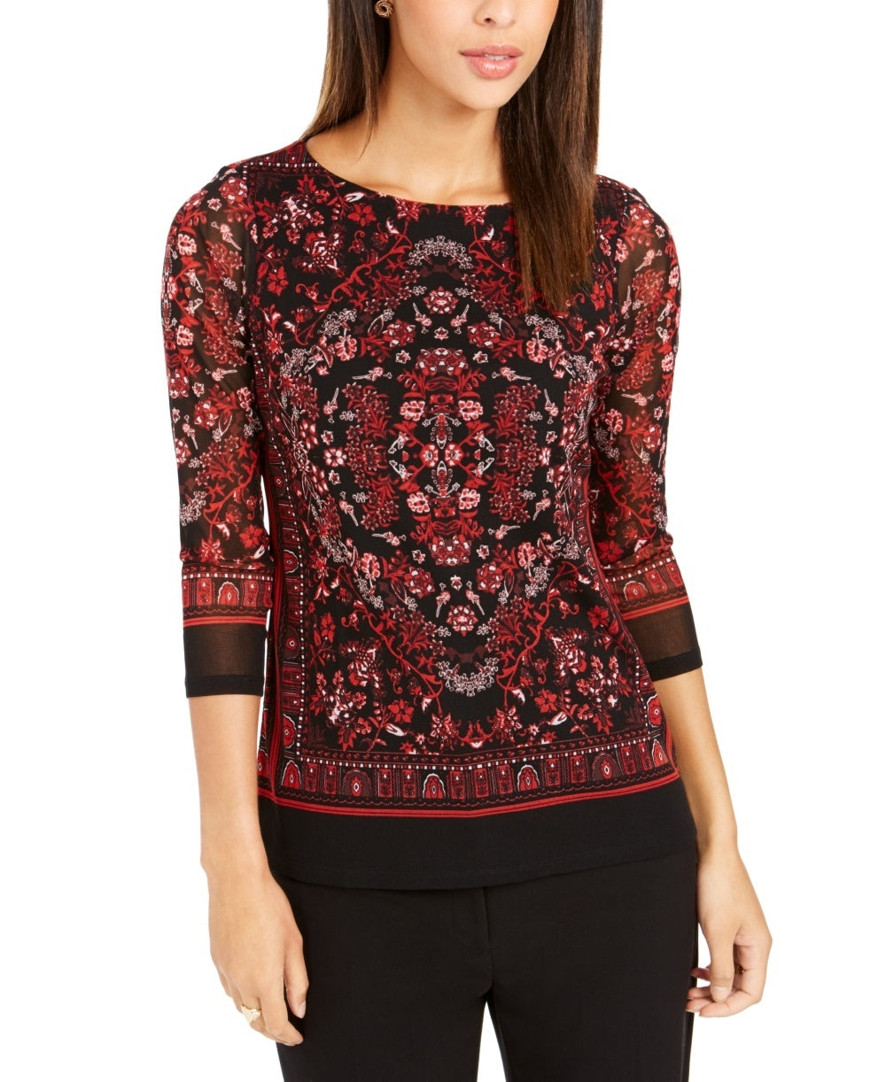Charter Club Women's Printed Mesh Top Red Size Petite Small