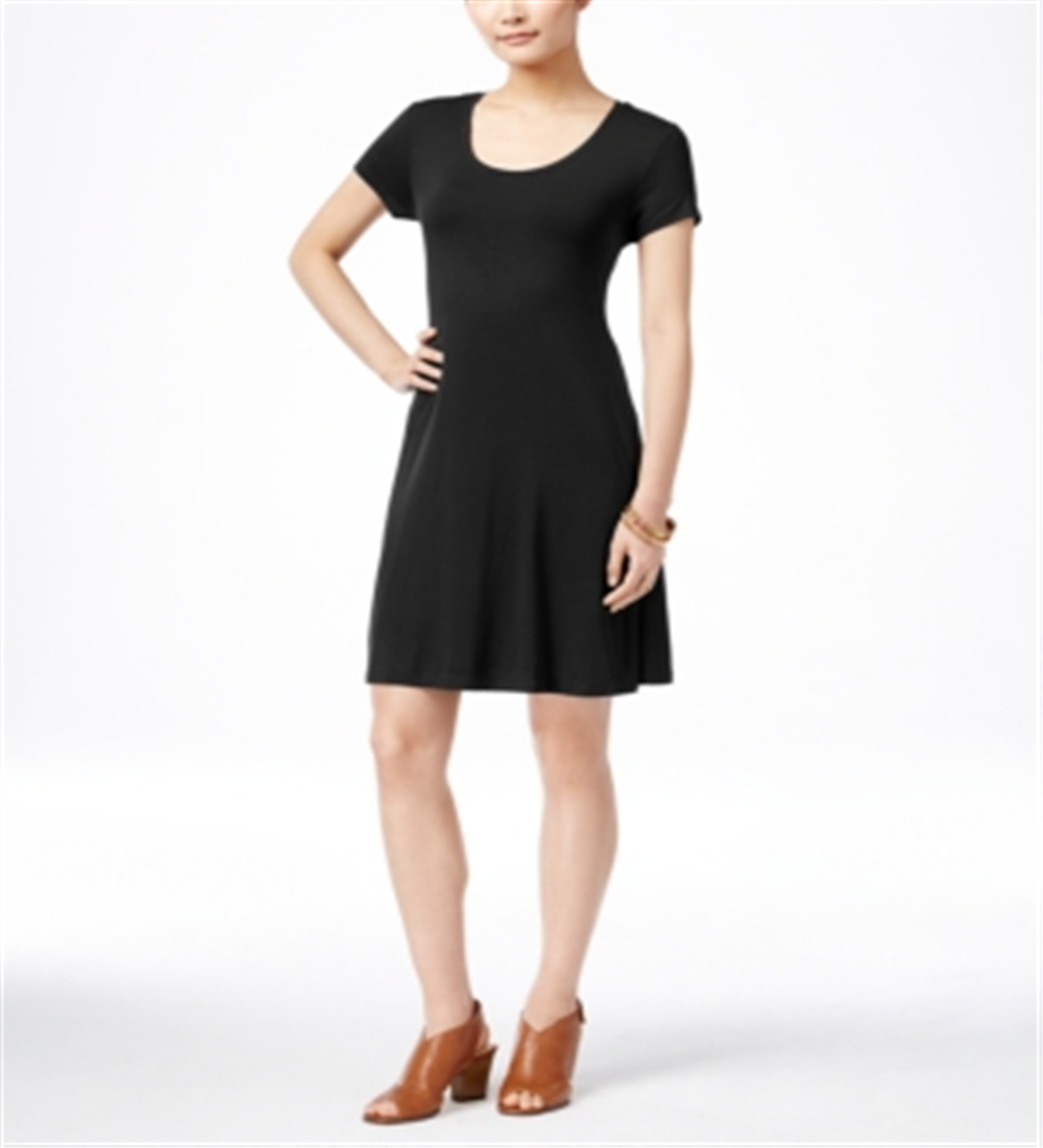 Style & Co Women's Short Sleeve a Line Dress Black Size Petite L