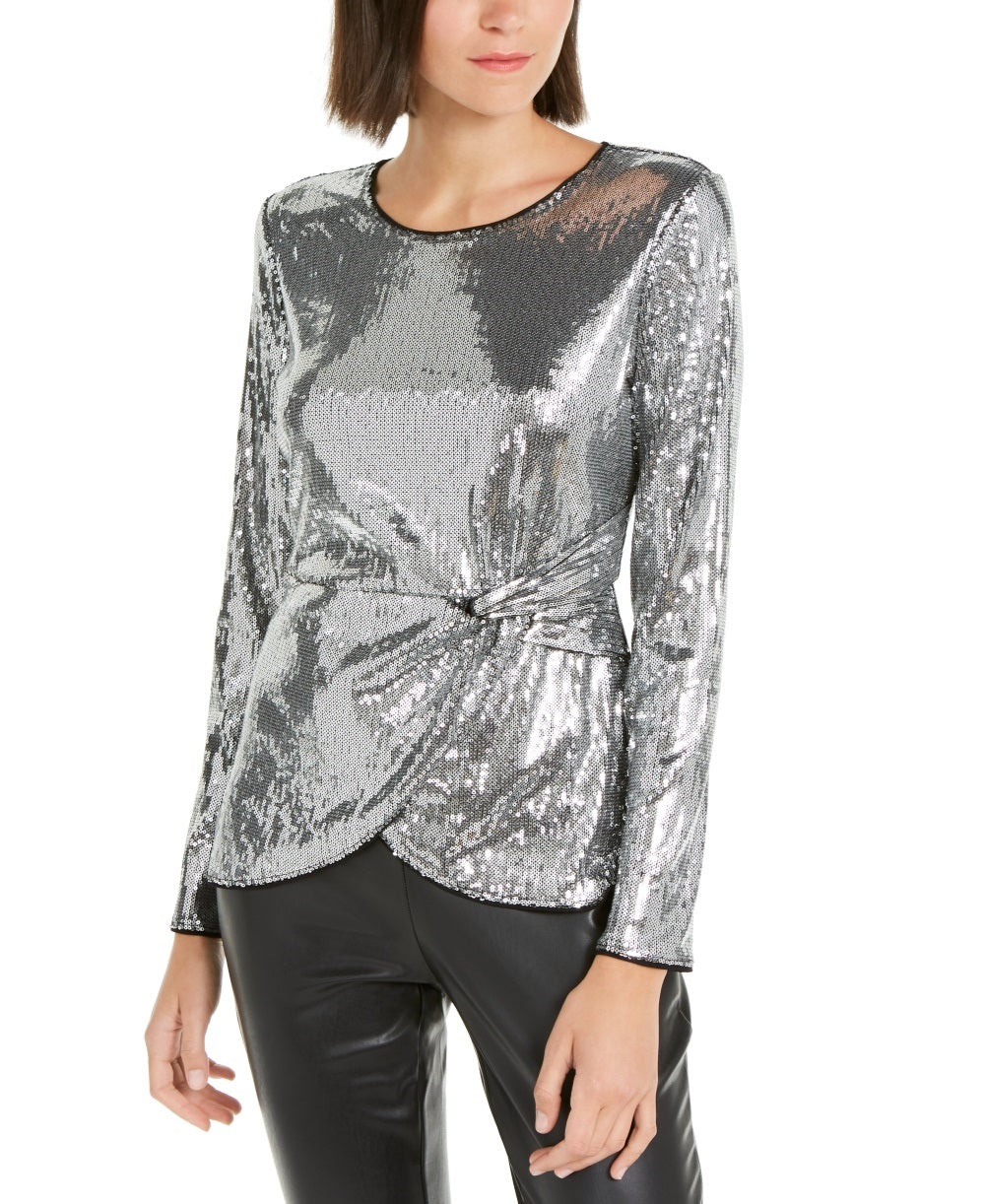 INC International Concepts Women's Twisted Sequined Top Silver Size X-Large