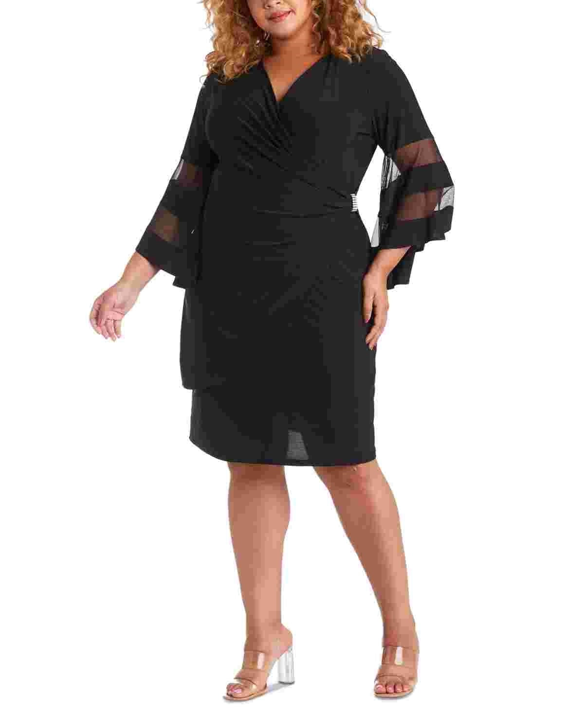 R & M Richards Women's Plus Size Illusion Bell-Sleeve Dress Black Size 16W