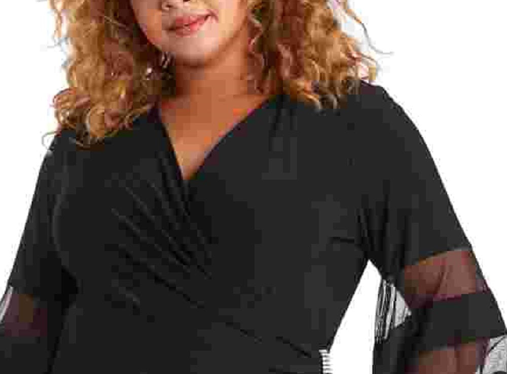 R & M Richards Women's Plus Size Illusion Bell-Sleeve Dress Black Size 16W