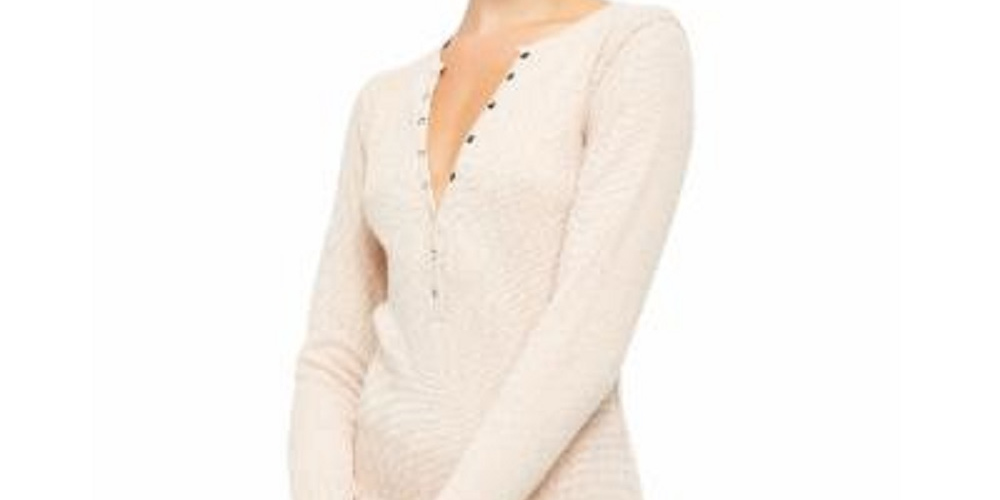 Free People Women's Beige Heather Long Sleeve V Neck Top Natural Size Medium