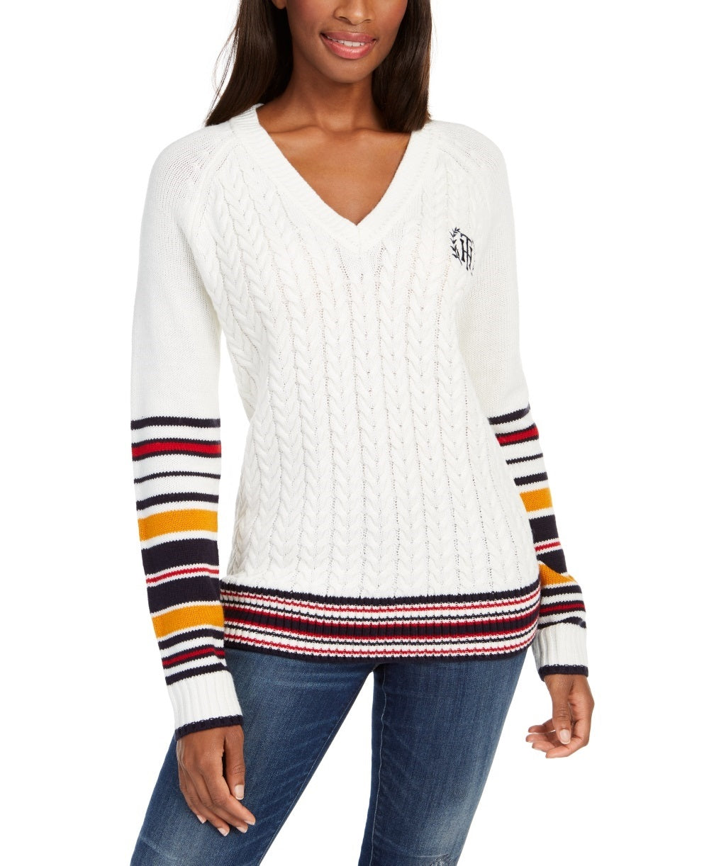 Tommy Hilfiger Women's Varsity Stripe Cable-Knit Sweater White Size Medium