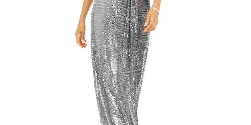 R & M Richards Women's Sequined Draped Sheath Dress Silver Size 10 Petite