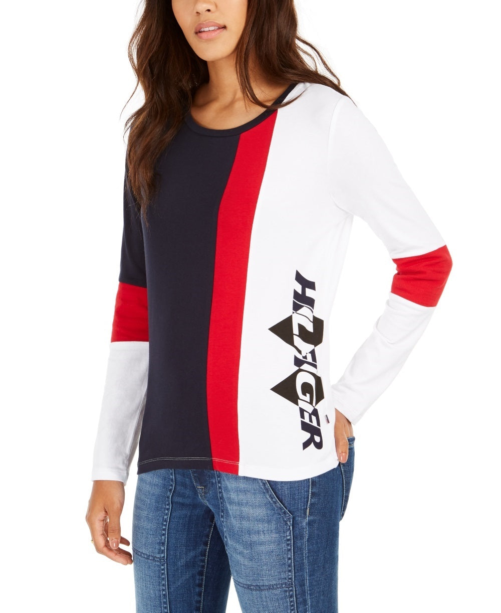 Tommy Hilfiger Women's Colorblocked Logo-Print T-Shirt Blue Size Large
