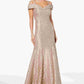 R & M Richards Women's Off-The-Shoulder  Lace Gown Beige Size 8 Petite