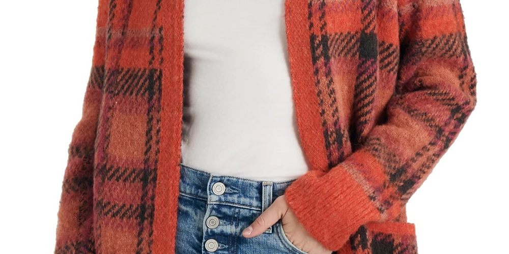 Lucky Brand Women's Plaid Open Front Cardigan Sweater Medium Red Size Medium