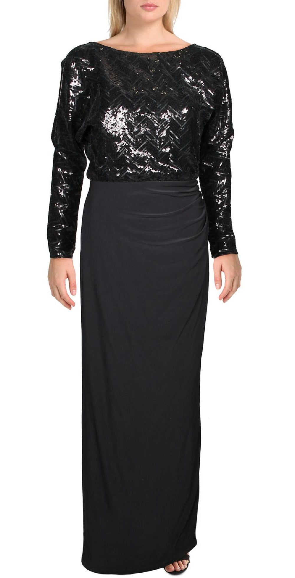 Ralph Lauren Women's Perina Sequined Blouson Evening Dress Black Size 12