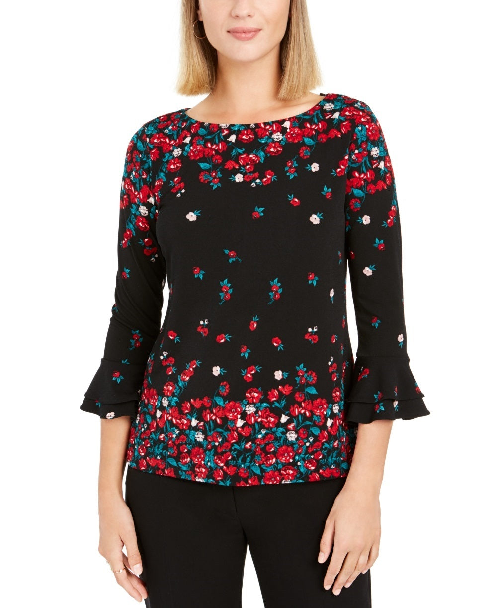 Charter Club Women's Floral Print Bell Sleeve Blouse Black Size X-Small