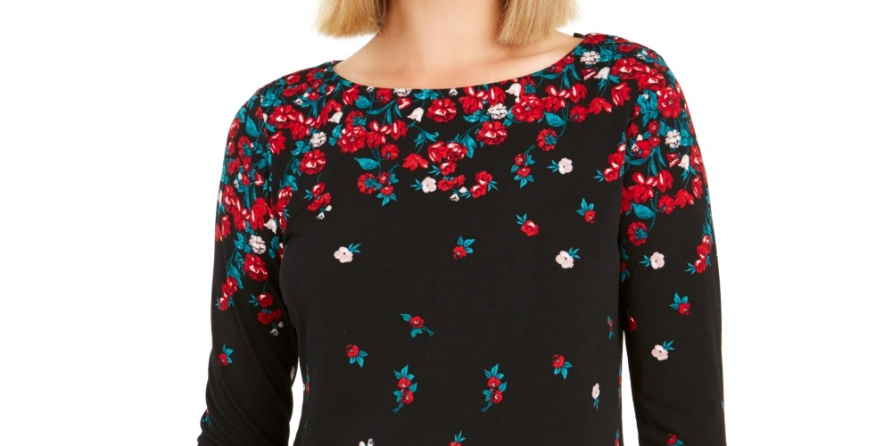 Charter Club Women's Floral Print Bell Sleeve Blouse Black Size X-Small