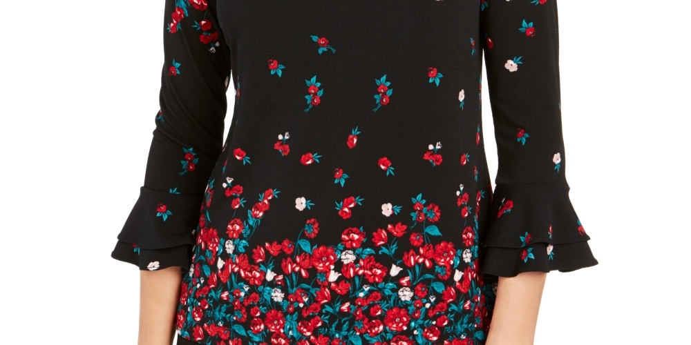 Charter Club Women's Floral Print Bell Sleeve Blouse Black Size X-Small