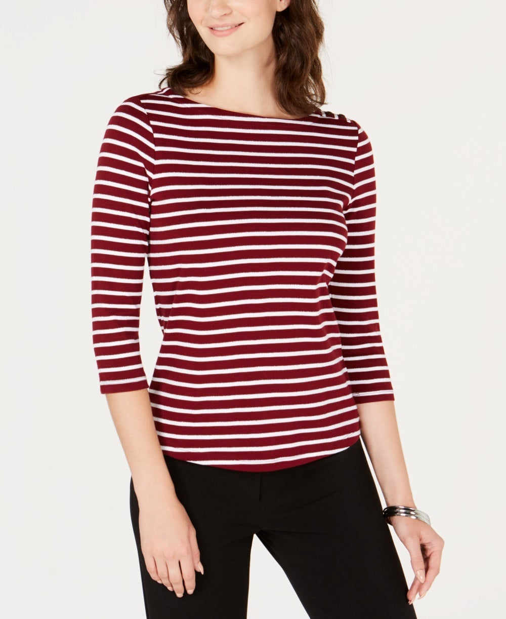 Charter Club Women's Pima Cotton Button-Shoulder Print Top Red Size Petite Small