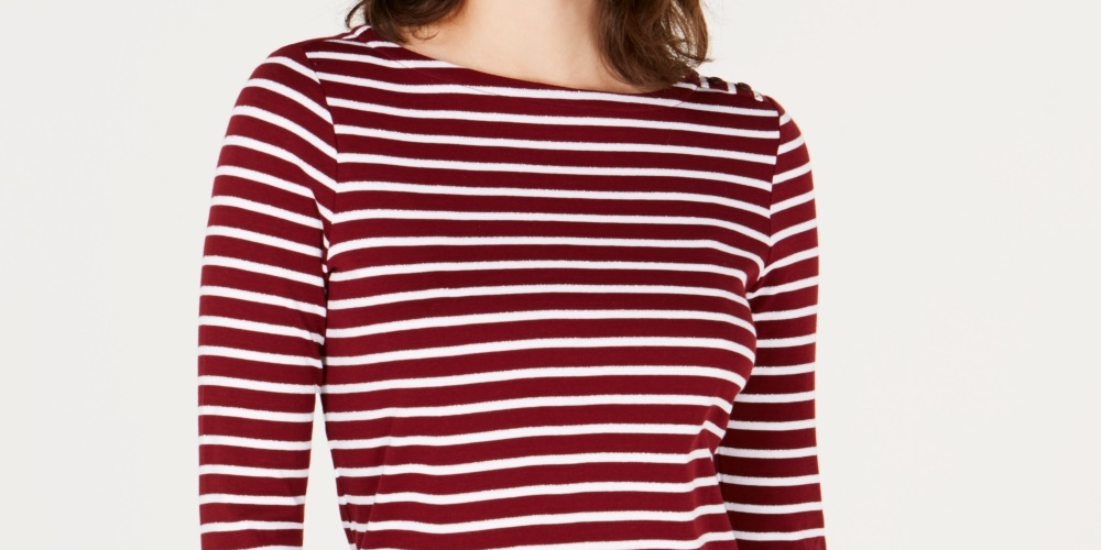 Charter Club Women's Pima Cotton Button-Shoulder Print Top Red Size Petite Small