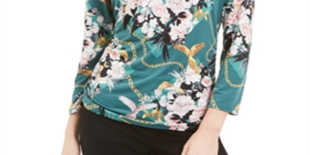 JM Collection Women's Printed Chain Neck Top Green  Floral Size Petite L