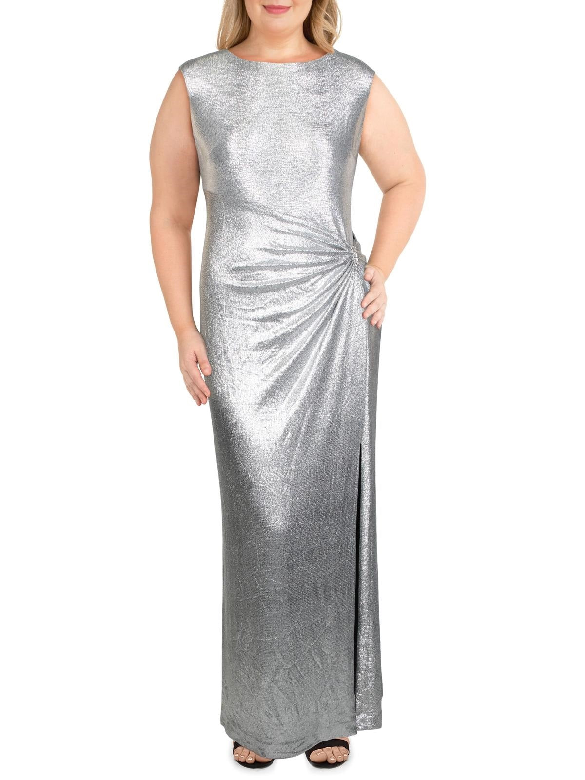 Ralph Lauren Women's Ilianna Metallic Gathered Evening Dress Gray Size 10