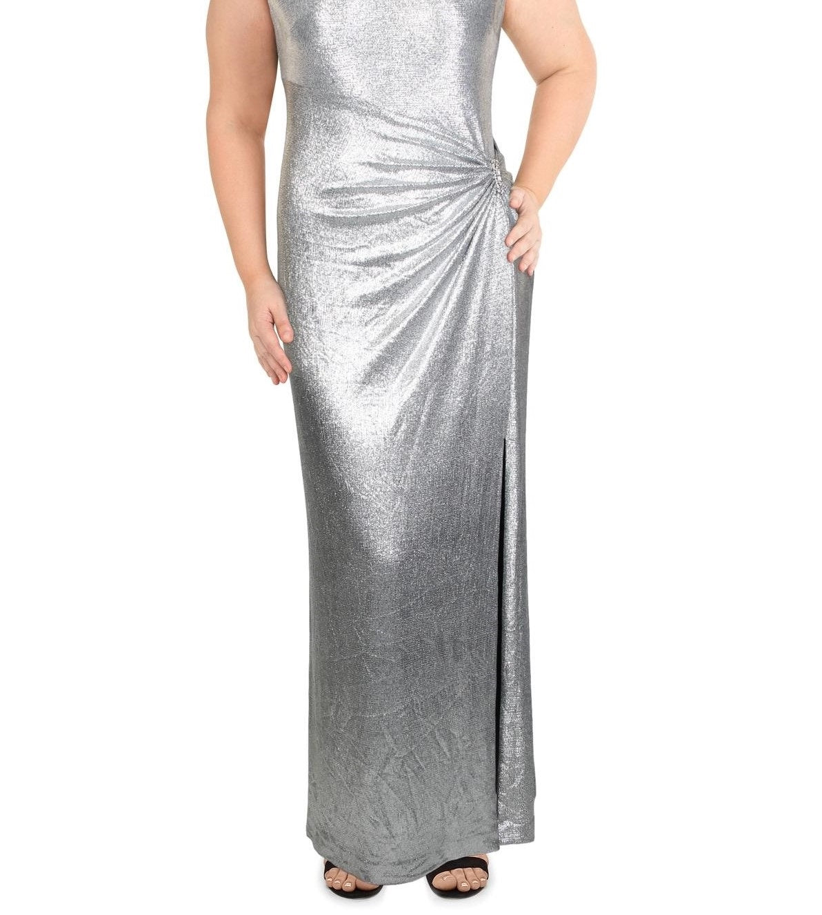 Ralph Lauren Women's Ilianna Metallic Gathered Evening Dress Gray Size 10