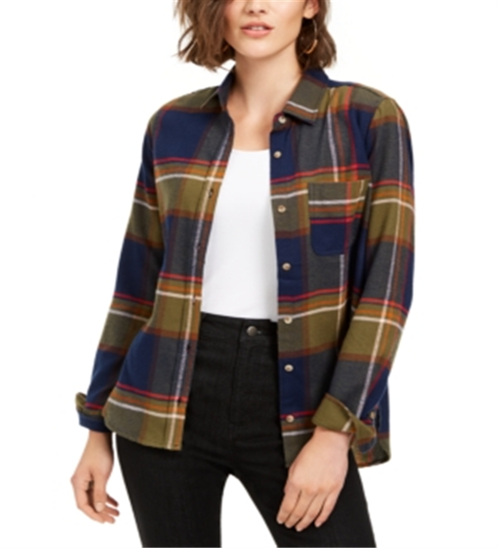 Polly & Esther Junior's Plaid Utility Shirt Navy  Multi  Size Large