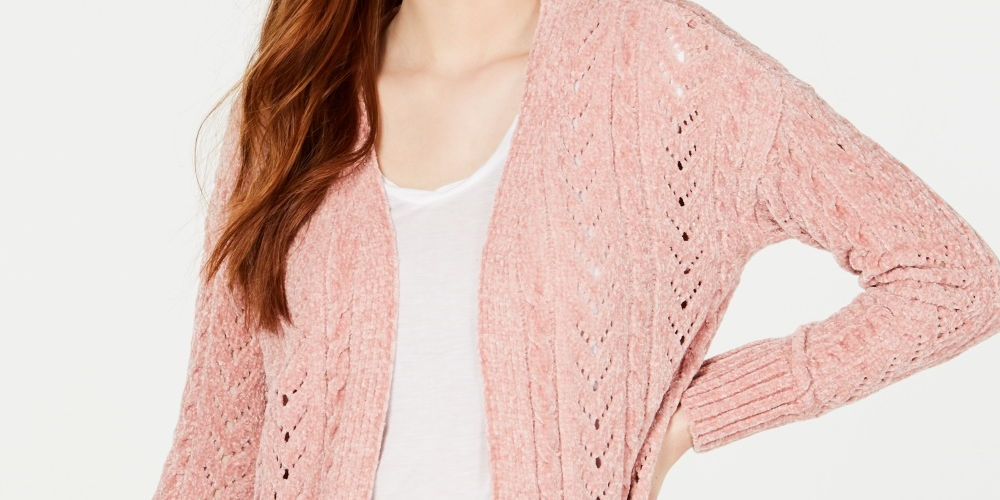 Hippie Rose Juniors' Pointelle-Knit Chenille Cardigan Pink Size Large