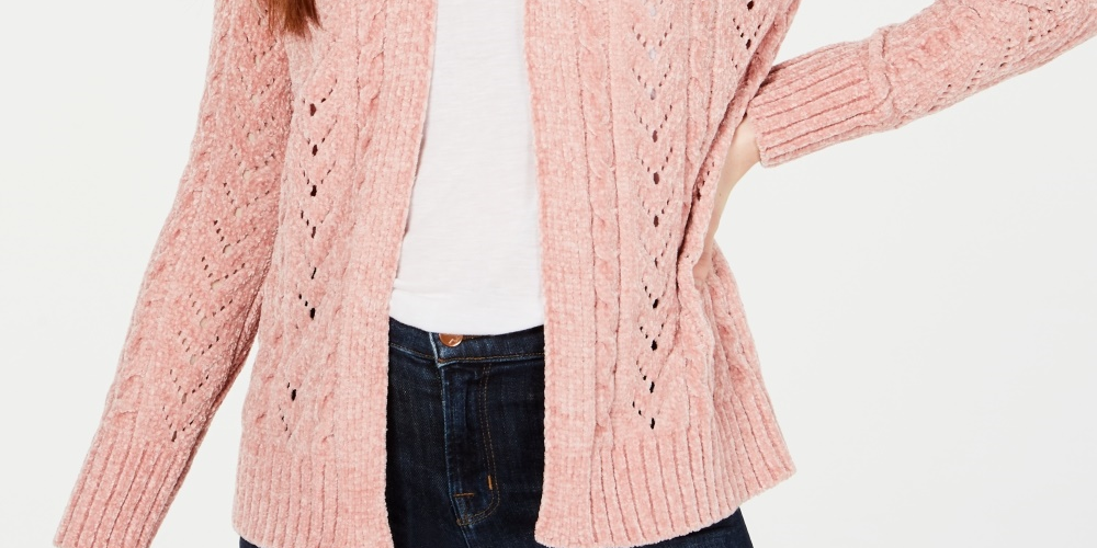 Hippie Rose Juniors' Pointelle-Knit Chenille Cardigan Pink Size Large