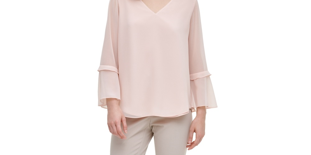 Calvin Klein Women's Sheer Bell-Sleeve Blouse Pink Size X-Large