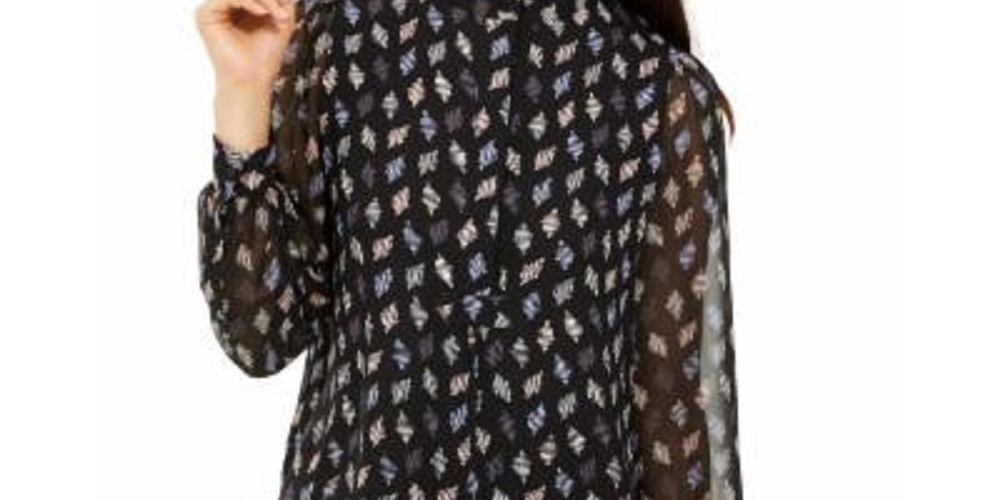 Anne Klein Women's Printed Long Sleeve Mandarin Collar Blouse Charcoal Size Small