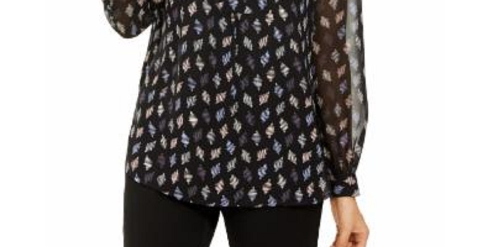 Anne Klein Women's Printed Long Sleeve Mandarin Collar Blouse Charcoal Size Small