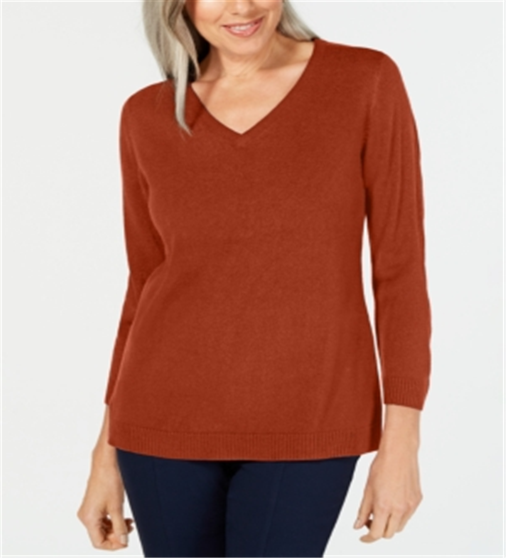 Karen Scott Women's V Neck Sweater Brown Size Petite Small