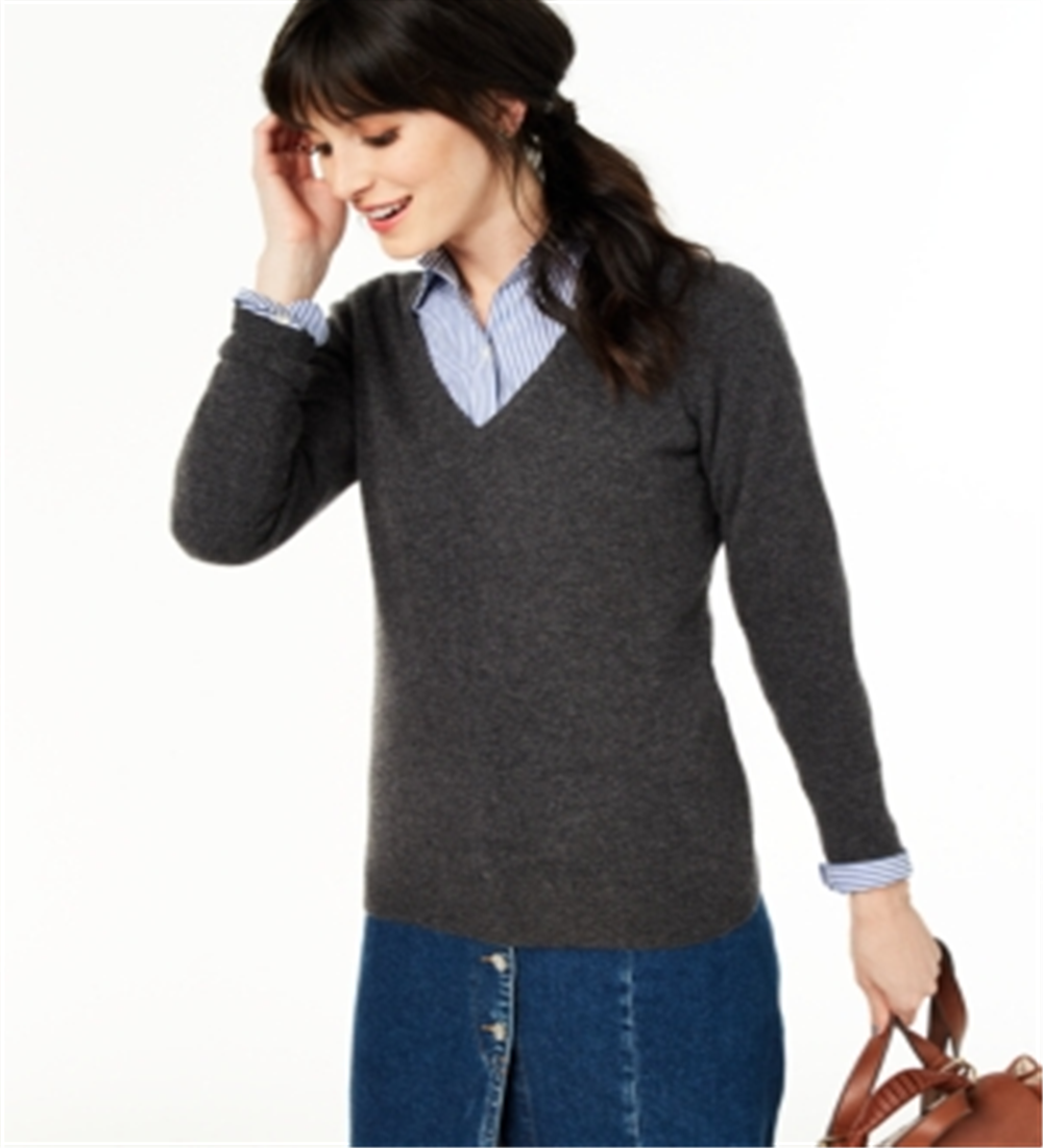 Charter Club Women's V Neck Cashmere Sweater Gray Size Petite S