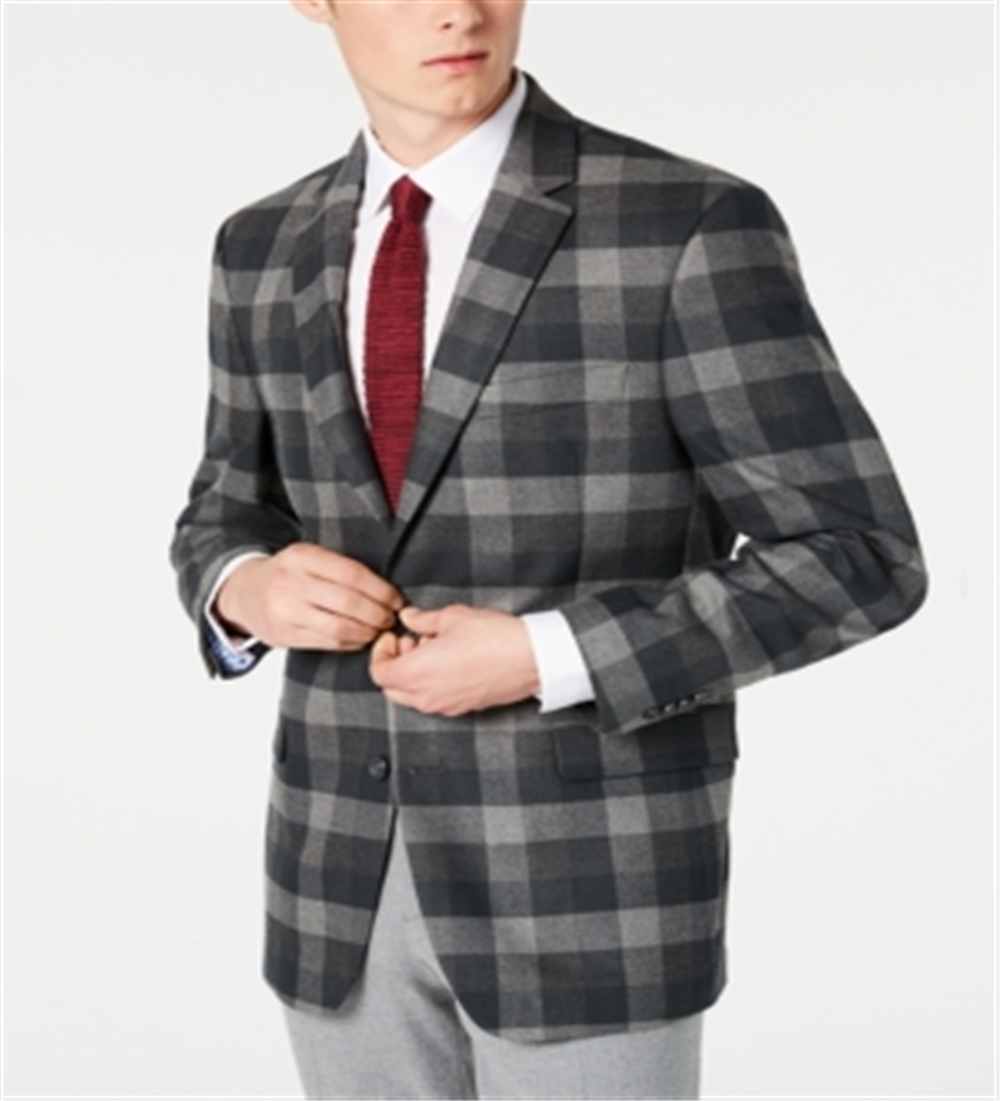 Tommy Hilfiger Men's Modern Fit THFlex Stretch Plaid Sport Coat Gray Size 48REG