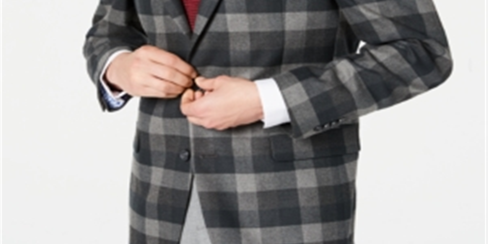 Tommy Hilfiger Men's Modern Fit THFlex Stretch Plaid Sport Coat Gray Size 48REG