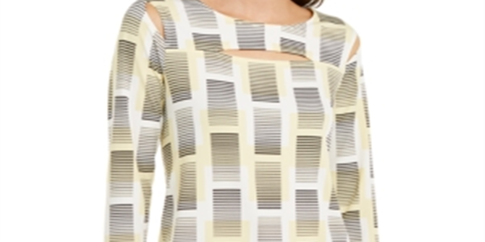 Alfani Women's Printed Cutout Top White/Lemon Size Small