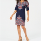 JM Collection Women's Printed Slit-Sleeve Dress Blue Multi  Size Petite S