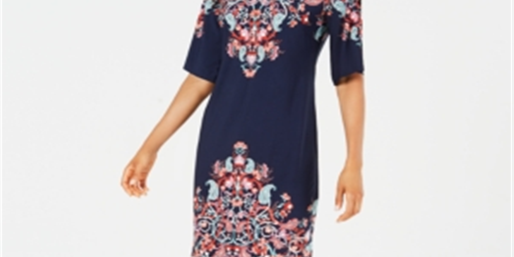 JM Collection Women's Printed Slit-Sleeve Dress Blue Multi  Size Petite S