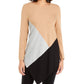 Alfani Women's Color Block Long Sleeve Jewel Neck Hi Lo Sweater Brown Size Petite Large