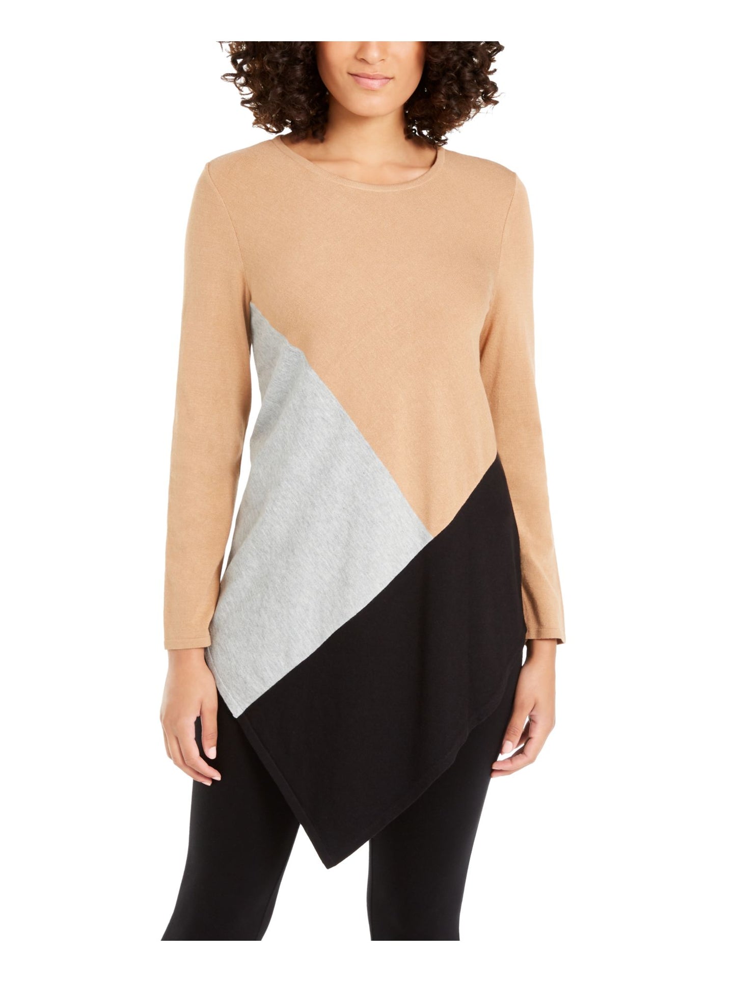 Alfani Women's Color Block Long Sleeve Jewel Neck Hi Lo Sweater Brown Size Petite Large