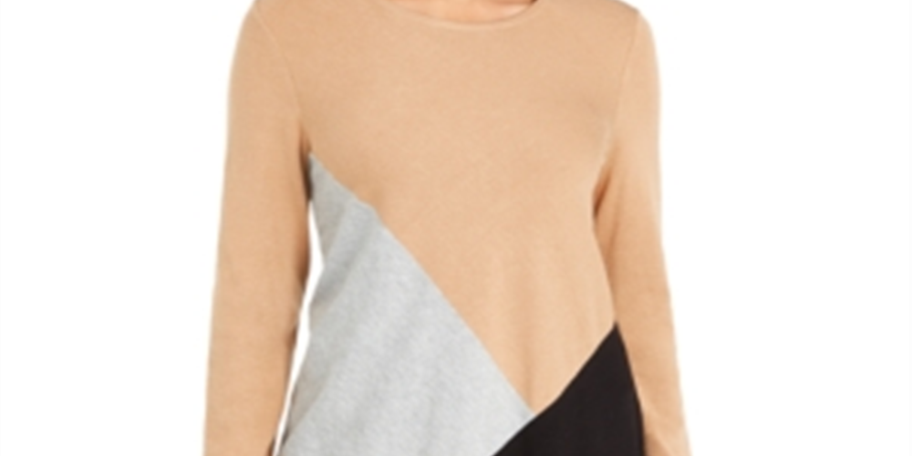 Alfani Women's Color Block Long Sleeve Jewel Neck Hi Lo Sweater Brown Size Petite Large