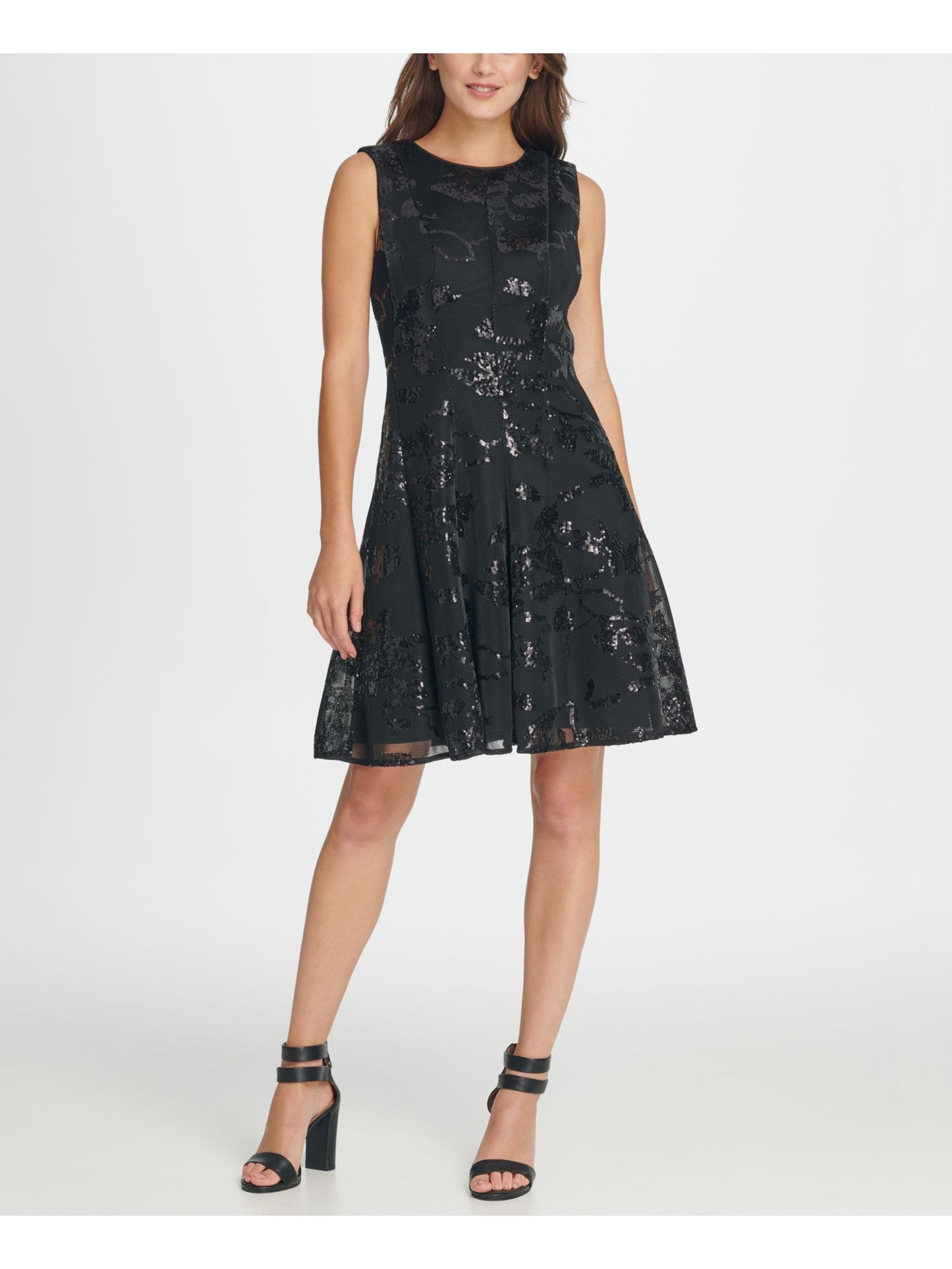 DKNY Women's Sleeveless Jewel Neck Short Fit Flare Party Dress Black Size 2