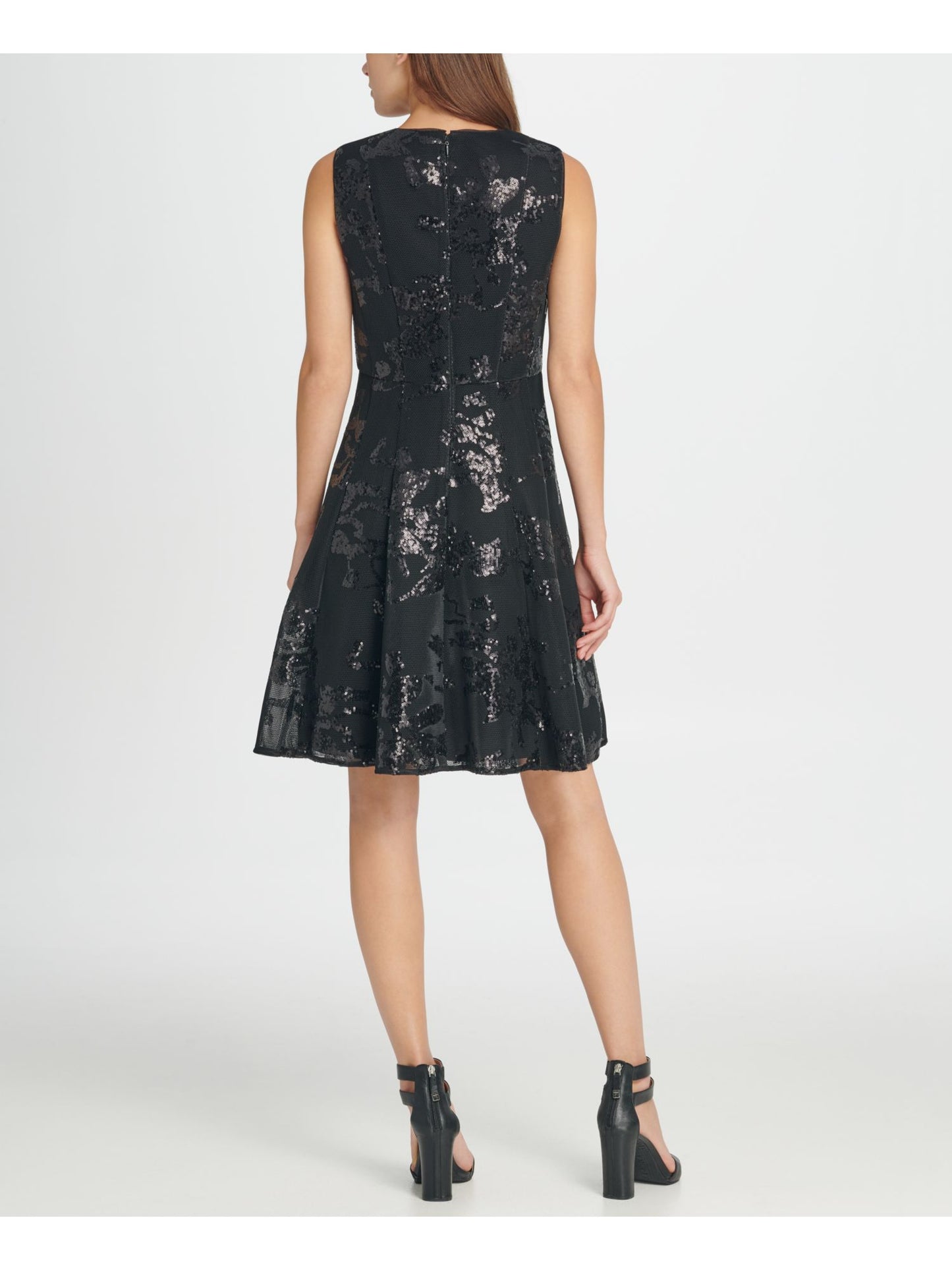 DKNY Women's Sleeveless Jewel Neck Short Fit Flare Party Dress Black Size 2