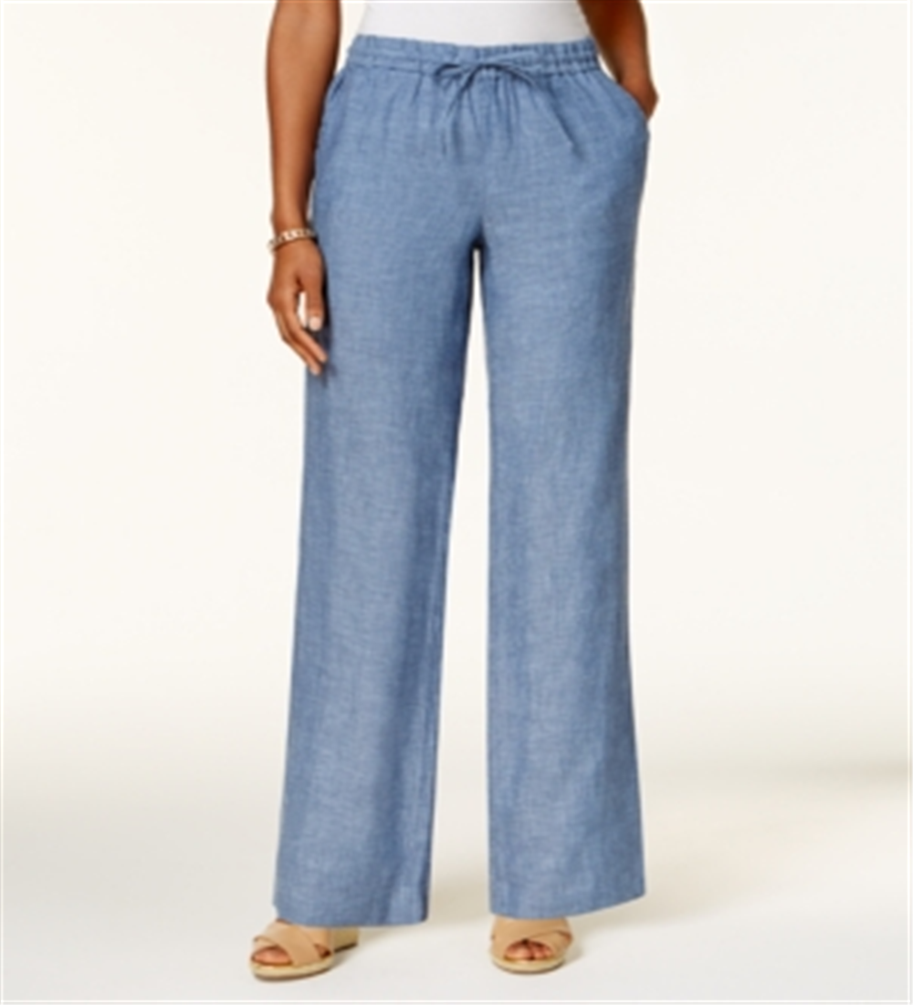 Charter Club Women's Linen Drawstring Pants Blue Size Petite Large