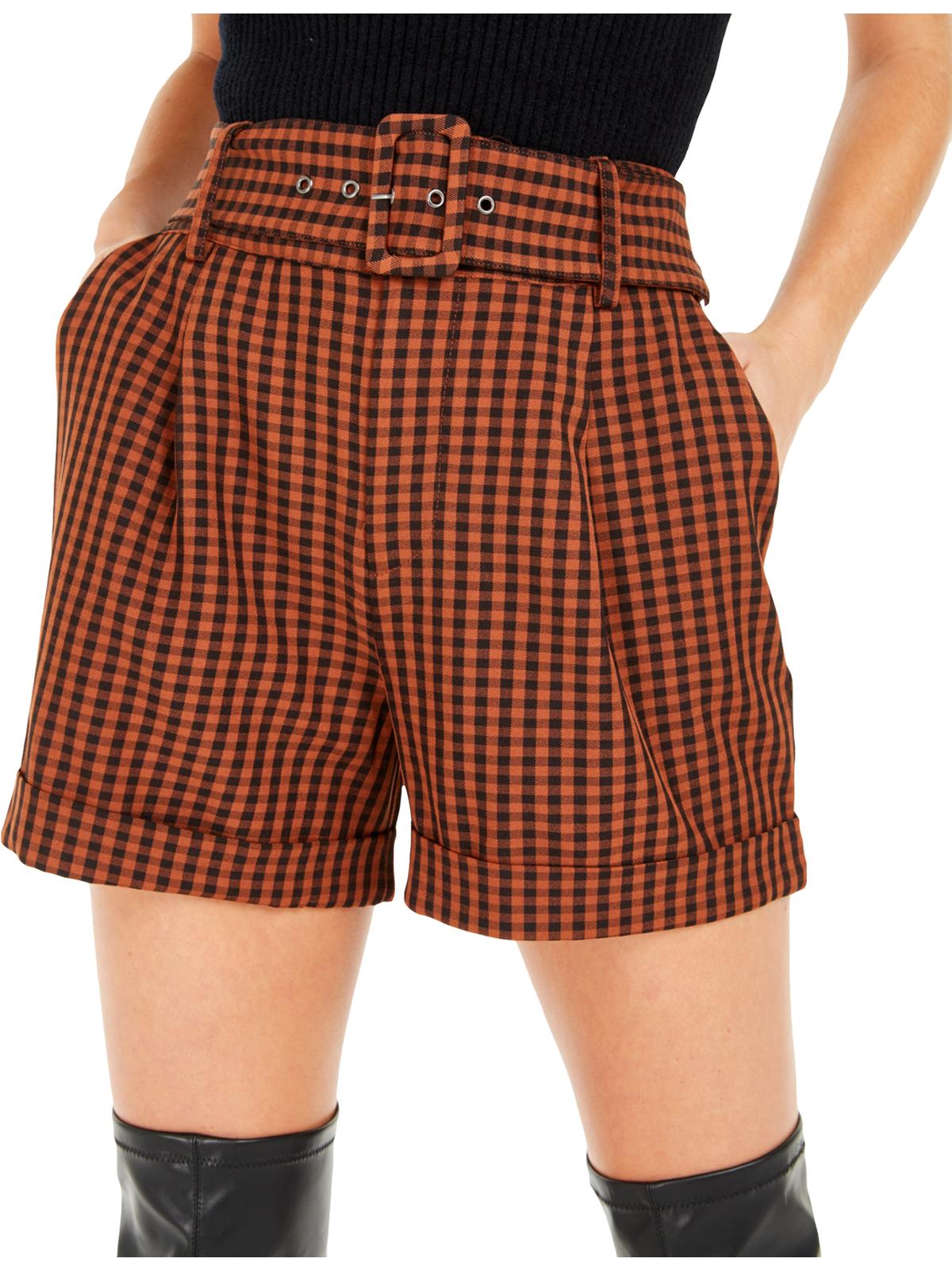 Bar III Women's Shorts Plaid Belted Brown Size 4