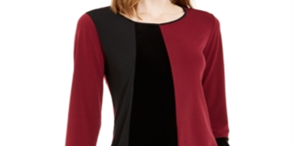 Alfani Women's Asymmetrical Hem Colorblocked Top Maroon-Black Size Petite Large